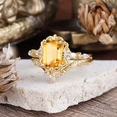 Vintage 4-Prong Emerald-Cut Citrine Ring Set